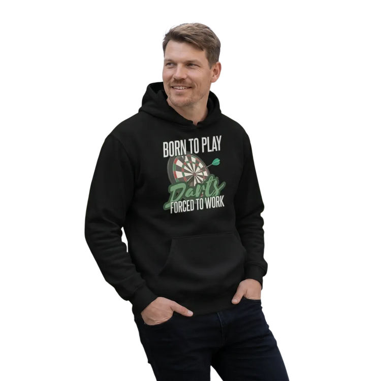 Grafik Unisex Hoodie für Herren und Damen, bequemer Kapuzenpullover in verschiedenen Größen, mit modernem Darts-Design, in Schwarz.
