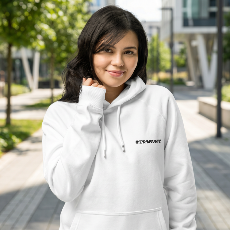 Grafik Damen Hoodie von BUYATHOME24 aus Baumwolle, personalisierbar, in XS-3XL, zeigt ein farbiges Design auf grauem Kapuzenpullover
