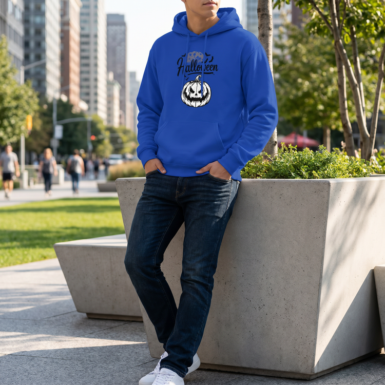 Unisex Kinder Hoodie mit Halloween-Grafik in Blau und Weiß aus Baumwolle, erhältlich in XS bis XL von BUYATHOME24.