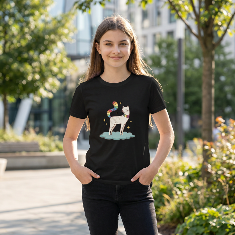 Unisex Kinder-T-Shirt mit Katzen-Tierdruck, Rundhalsausschnitt, Kurzarm, personalisierbar, für Kinder 3-14 Jahre.