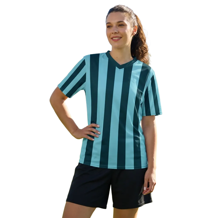 Unisex Fußball T-Shirt mit V-Ausschnitt, schnelltrocknend, in den Größen 2XS bis 6XL, von BUYATHOME24, zeigt das sportliche Design.