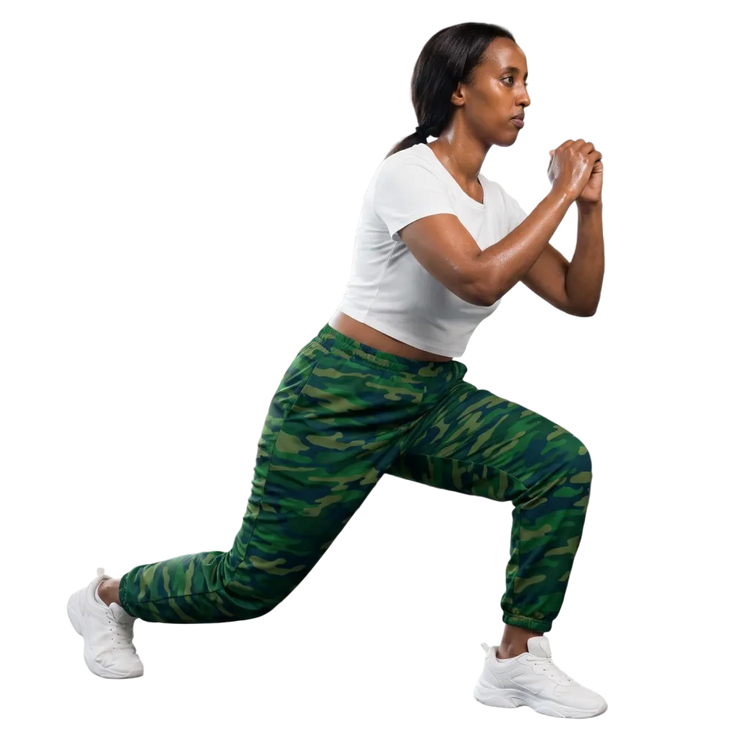 Grüne Camouflage-Unisex Trainingshose mit Mesh-Futter, Sporthose in XS bis 3XL von BUYATHOME24, bequemer Sport- und Freizeitlook