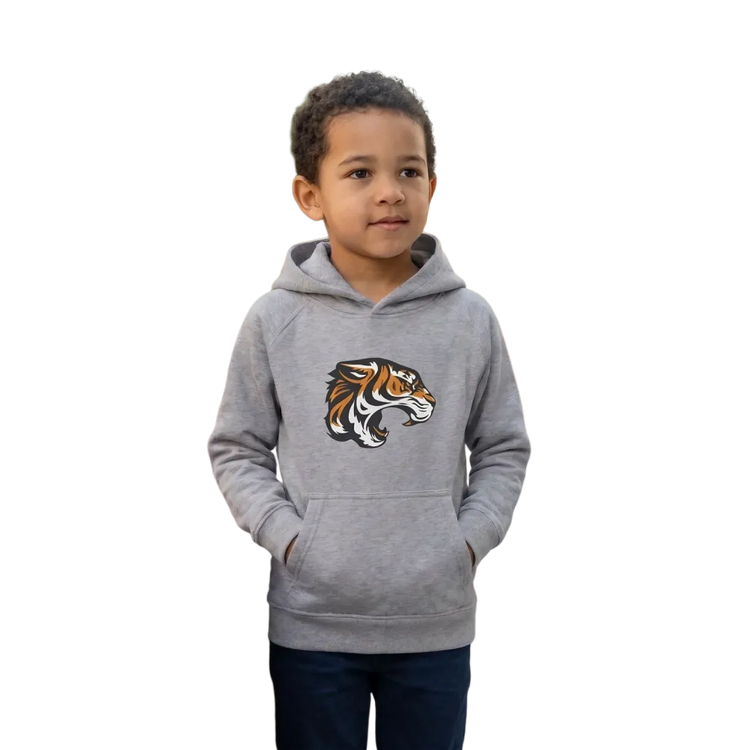 Unisex Kinder Hoodie mit Tiger-Grafik für Jungen und Mädchen, bequemer Kapuzenpullover für 4-12 Jahre, schwarz mit Tiger-Print.