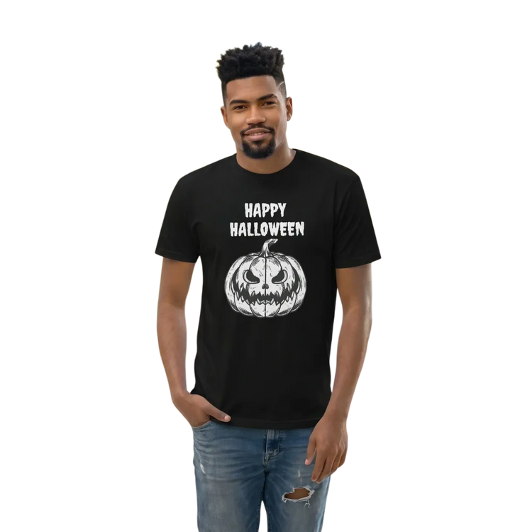 Grafisches Unisex Halloween-T-Shirt von BUYATHOME24 in XS-3XL, individuell bedruckbar, mit Halloween-Motiv und Rundhalsausschnitt.