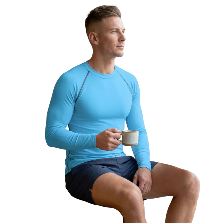 Hellblaues Herren-Langarm-Sportshirt von BUYATHOME24, enganliegend, UV-Schutz, in XS bis 3XL, sportliche Bekleidung
