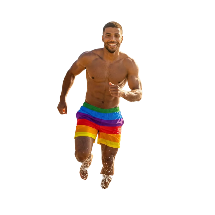 Herren Badehose von BUYATHOME24, Regenbogen-Design, Stretchmaterial, UV 50+, in Größe 2XS bis 6XL, legere Badeshorts
