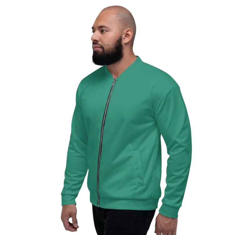 Unisex Bomberjacke von BUYATHOME24 mit YKK-Reißverschluss, personalisierbar, in XS bis 3XL, auf einem Model getragen.