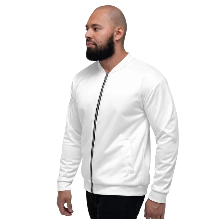 Unisex Bomberjacke in Weiß, leichte Blousonjacke von BUYATHOME24, sichtbar mit Textildruck, für XS bis 3XL.