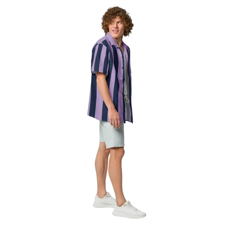 Unisex Kurzarmhemd von BUYATHOME24, lila gestreift, atmungsaktiv, mit UV-Schutz UPF50+ in 2XS-6XL.