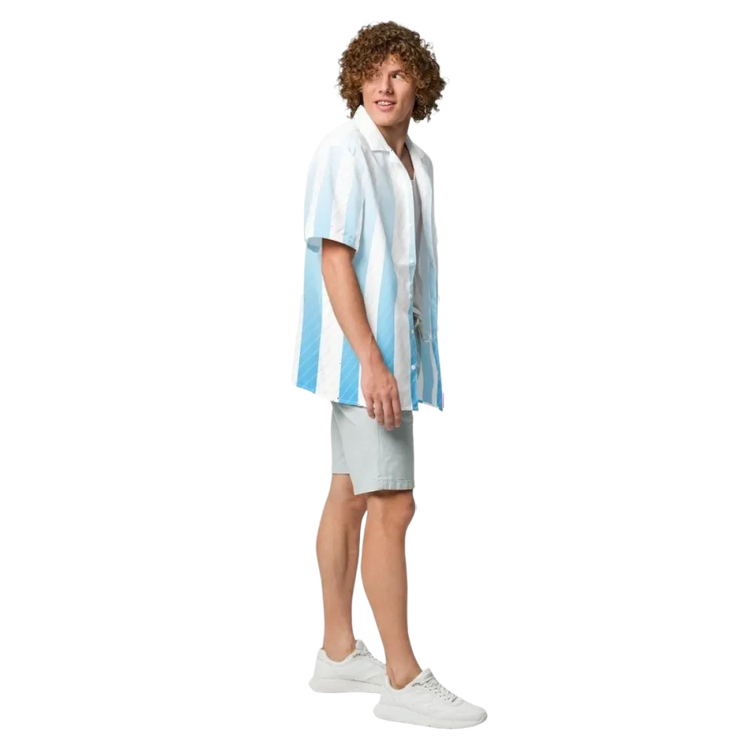 Unisex Kurzarmhemd von BUYATHOME24 in Blau-Weiß gestreift, 2XS-6XL, aus Polyester, liegt flach auf einem weißen Hintergrund.