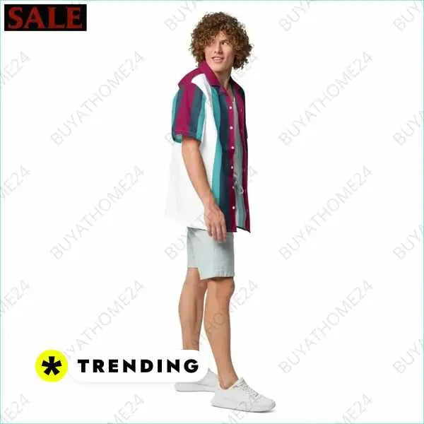 Unisex gestreiftes Kurzarmhemd von BUYATHOME24, atmungsaktiv mit UPF50+ Schutz, in 2XS bis 6XL, auf weißem Hintergrund.