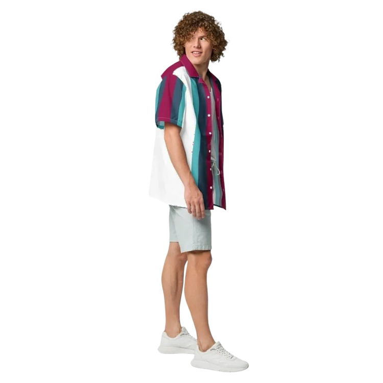 Unisex gestreiftes Kurzarmhemd von BUYATHOME24, atmungsaktiv mit UPF50+ Schutz, in 2XS bis 6XL, auf weißem Hintergrund.