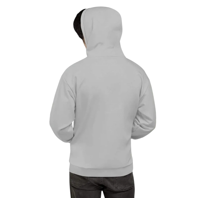 Hellgrauer Unisex Hoodie mit Allover-Print von BUYATHOME24, bequemes Kapuzenpullover in XS bis 3XL, Textildruck sichtbar.