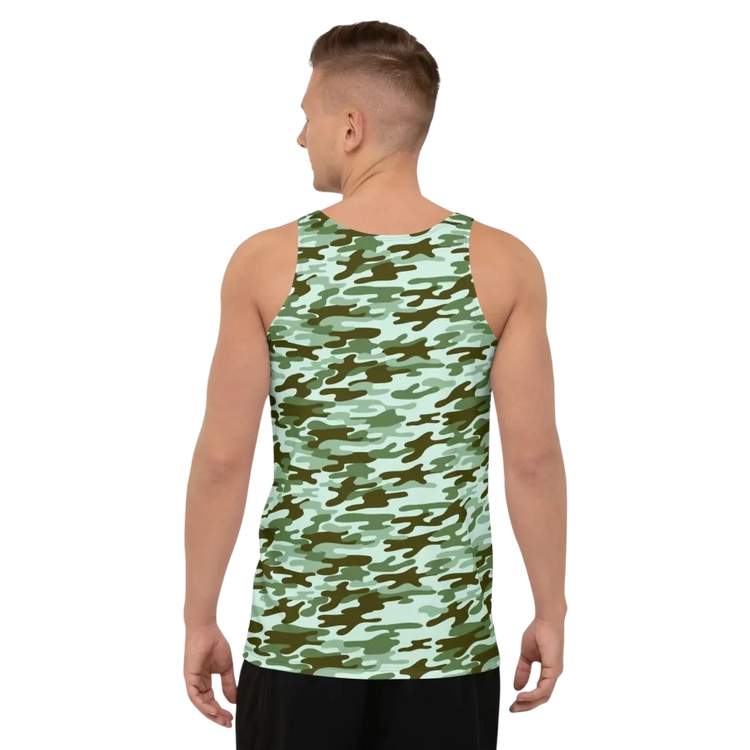 Unisex Camouflage Sport Tanktop von BUYATHOME24, atmungsaktiv und stretchbar, für Herren, in XS bis 2XL, auf Textildruck-Hintergrund.