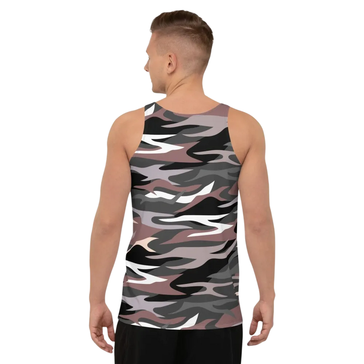 Unisex Camouflage Tanktop von BUYATHOME24, atmungsaktiv und schnelltrocknend, in XS bis 2XL, auf weißem Hintergrund fotografiert.