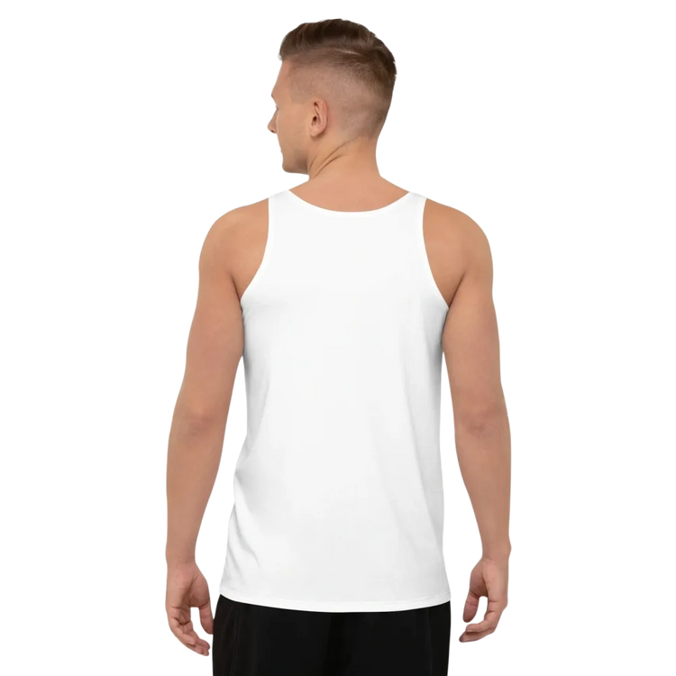 Unisex Sport Tanktop von BUYATHOME24, atmungsaktiv und stretch, in XS bis 2XL, zeigt den Textildruck auf grauem Stoff.
