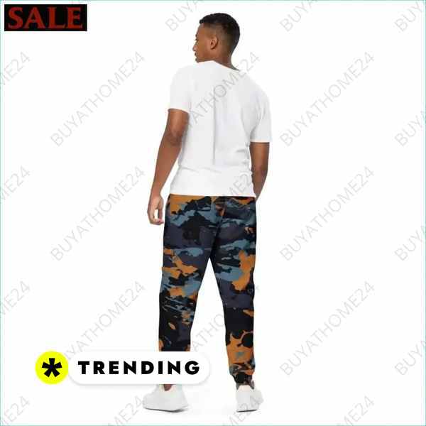 Blau Camouflage Unisex Trainingshose von BUYATHOME24, wasserabweisende Sporthose in XS bis 3XL, bequem und sportlich.