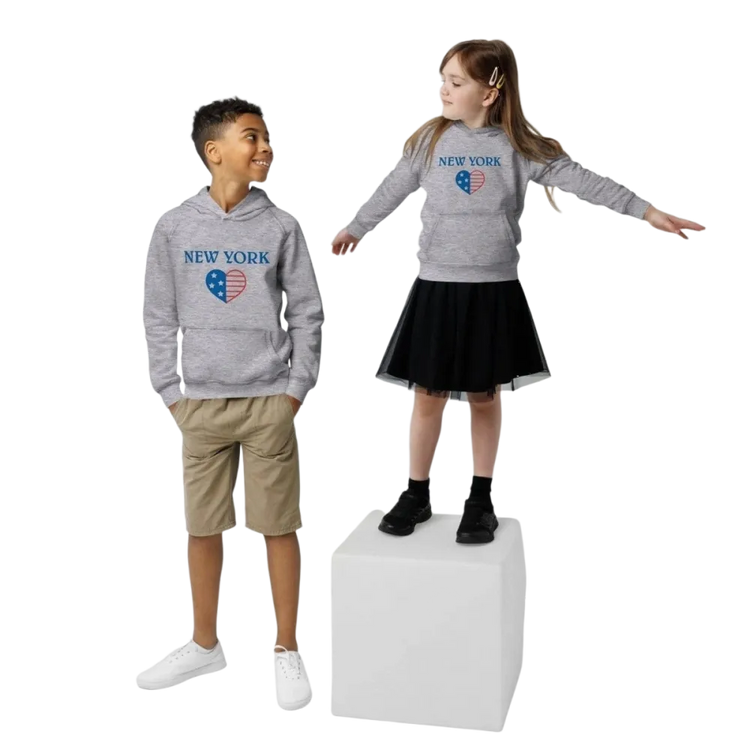 Grauer unisex Kinder Hoodie mit New York Grafik aus Baumwolle für Jungen im Alter von 4 bis 12 Jahren, mit Kapuze und Druck.