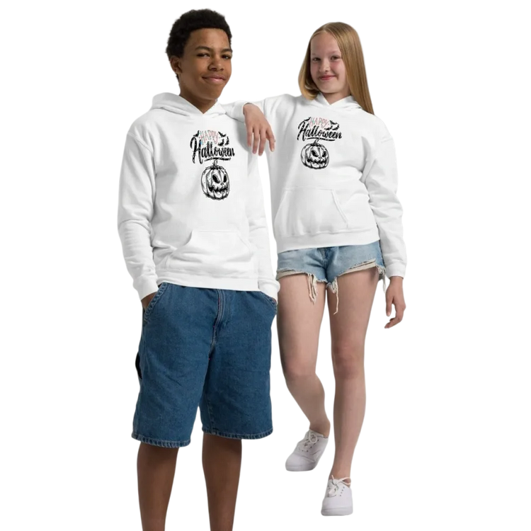 Bunter Kinder Halloween Hoodie von BUYATHOME24, Unisex, aus 100% Baumwolle, blau-weiß, für Jungen, XS bis XL, mit Druck.