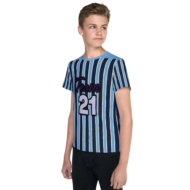 Jungen Sport T-Shirt blau gestreift, atmungsaktiv, unisex, für Kinder von 134 bis 170 cm, von BUYATHOME24