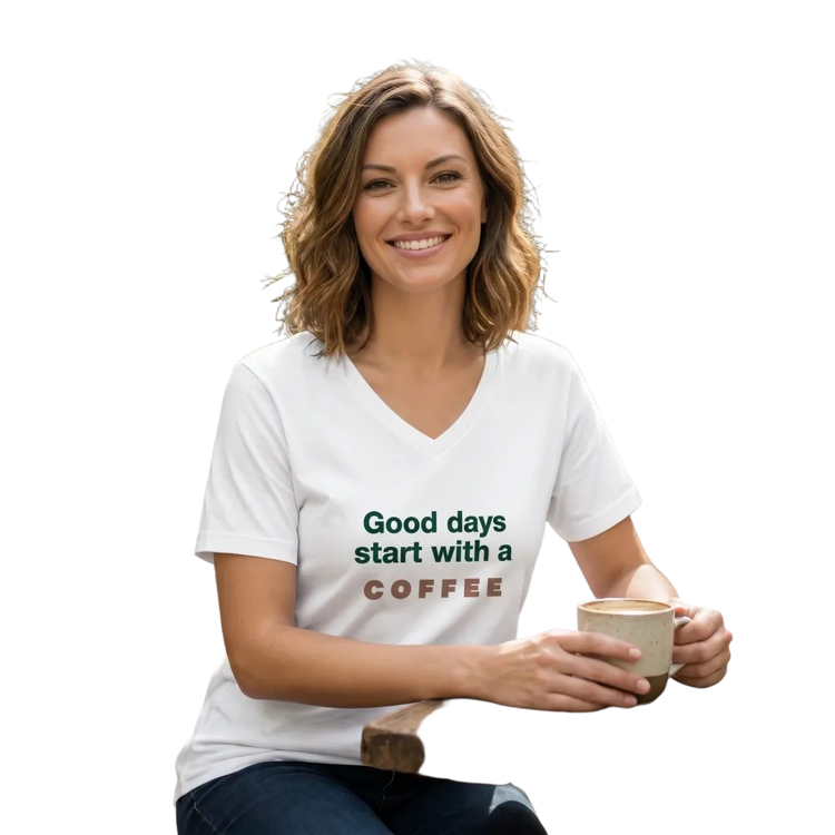 Unisex Kaffee Spruch Grafik T-Shirt mit V-Ausschnitt in Größe S-2XL, schwarzes Baumwollshirt mit Kaffee-Design, von BUYATHOME24
