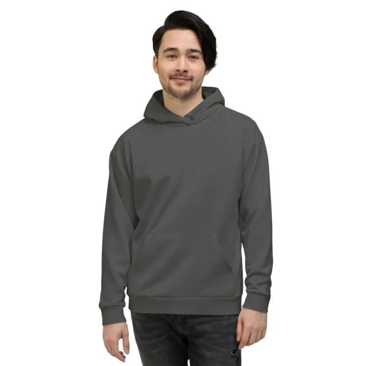 Dunkelgrauer Unisex Hoodie mit Allover-Print, Kapuzenpullover aus Baumwolle, Größen XS bis 3XL, von BUYATHOME24