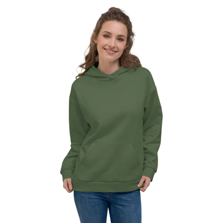Grüner Unisex Hoodie mit Allover-Print, langlebiger Baumwollstoff, bequemer Schnitt, in XS bis 3XL, modisches Design.