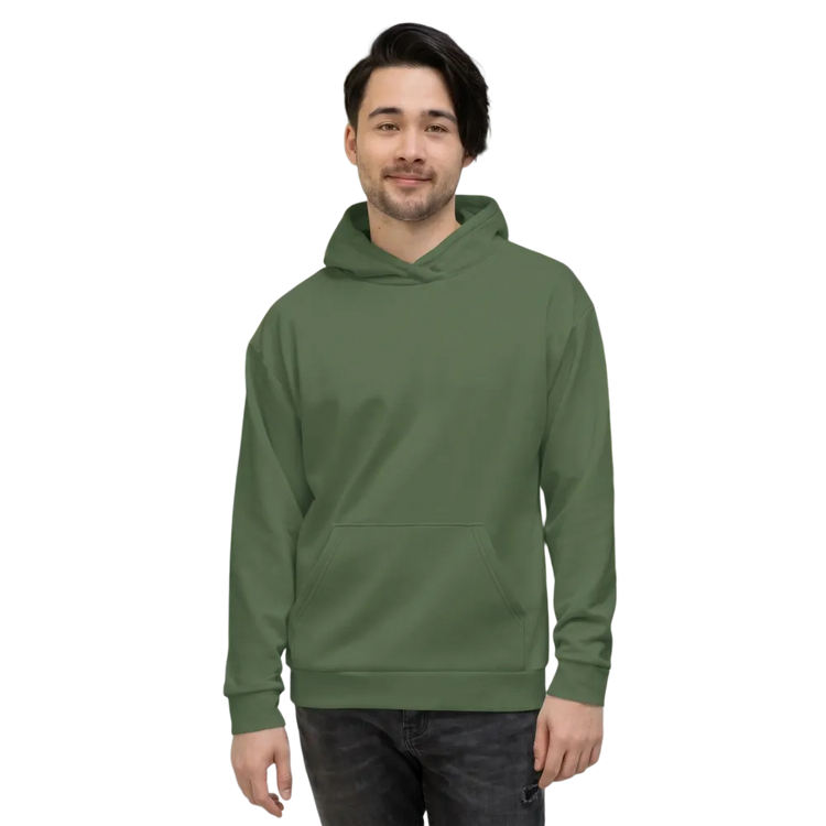 Olivengrüner Unisex Hoodie mit Allover-Print, langärmlig, in XS bis 3XL, bequemer Kapuzenpullover von BUYATHOME24