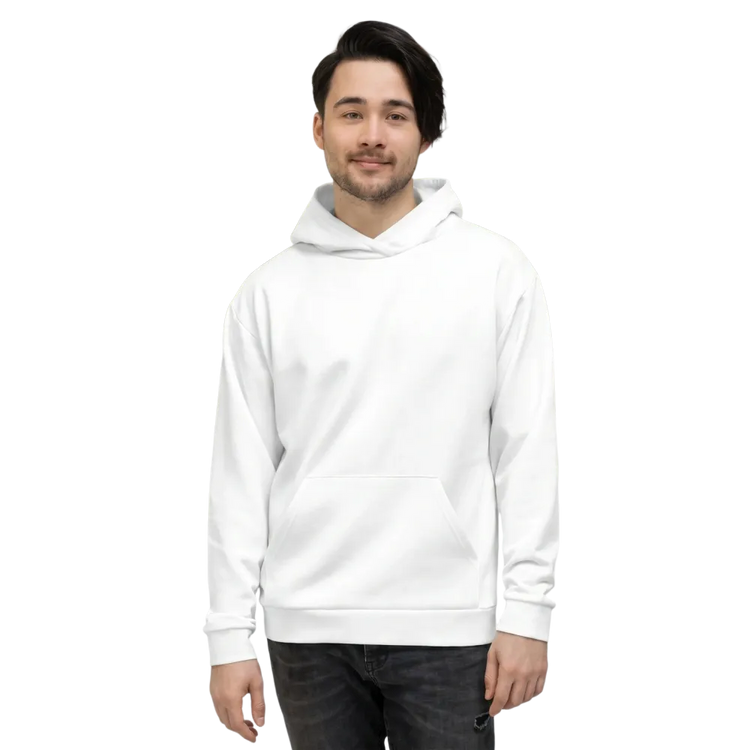 Weißer Unisex Hoodie mit Allover-Print, Kapuzenpullover in XS-3XL, bequemes Hoodie von BUYATHOME24