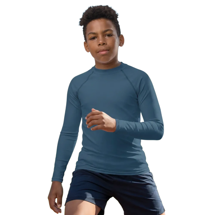 Kinder Langarm-Sportshirt mit UV-Schutz 50+ in Blau, für Kinder von 134 bis 170 cm, von BUYATHOME24, bequem und atmungsaktiv