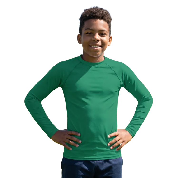 Kinder Langarm-Sportshirt mit UV-Schutz 50+ in Blau, für Kinder von 134 bis 170 cm, leichtes Material, sportliche Passform.