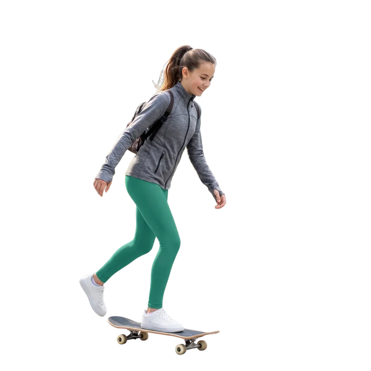Damen Kinder Sport-Leggings mit UV-Schutz und Vier-Wege-Stretch in Größe 134-170 cm, blaue, bequeme Sporthose.