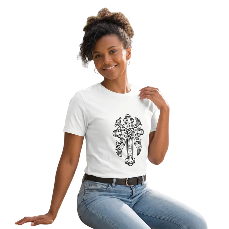 Rundes Baumwoll-T-Shirt mit Kreuzmotiv für Damen, Kurzarm, grafisches Design, in den Größen S bis 3XL