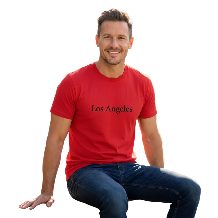 Graues Unisex Rundhalsshirt von BUYATHOME24 mit Los Angeles Grafik aus Baumwolle, in S-5XL bedruckbar