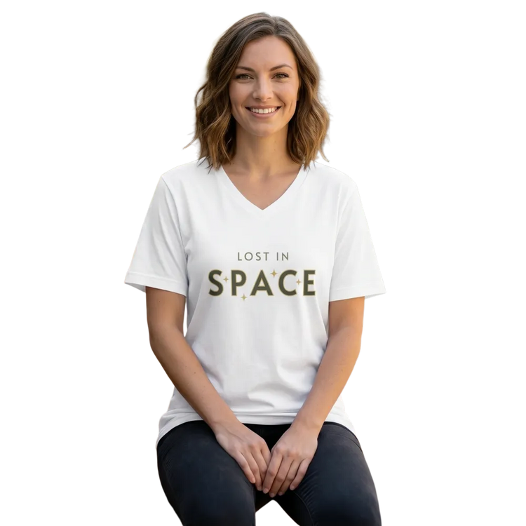 Unisex Baumwoll-T-Shirt mit Lost In Space Grafik, V-Ausschnitt, bedruckbar, in S-2XL, von BUYATHOME24.