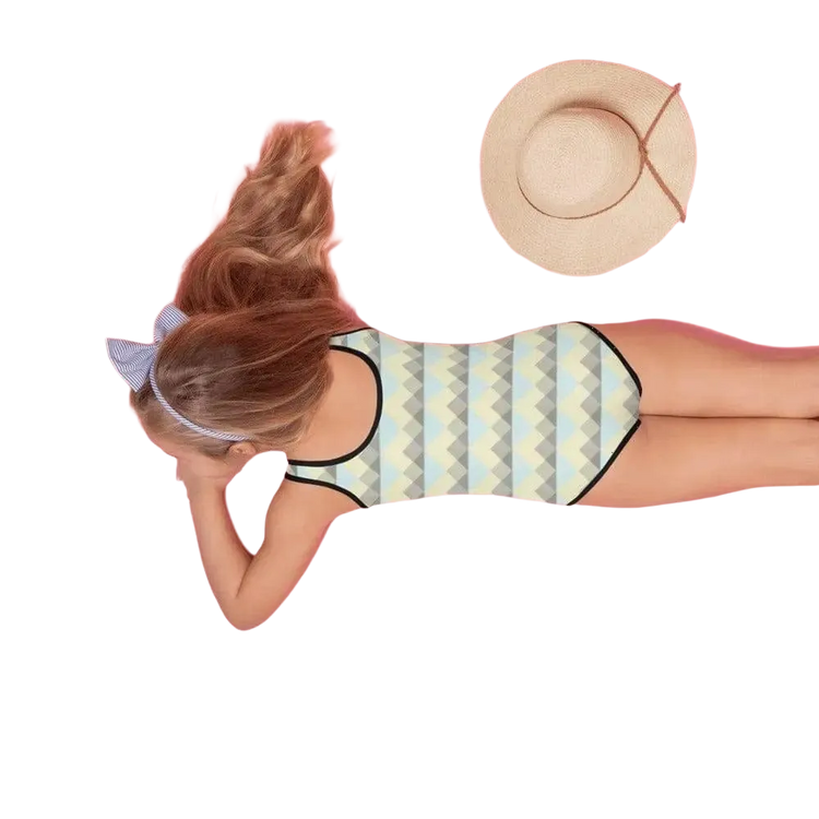 Mädchen Badeanzug mit UV-Schutz 40 von BUYATHOME24, 4-Way-Stretch, in Größe 92-128, mit farbigem Textildruck, für sonnigen Strand.