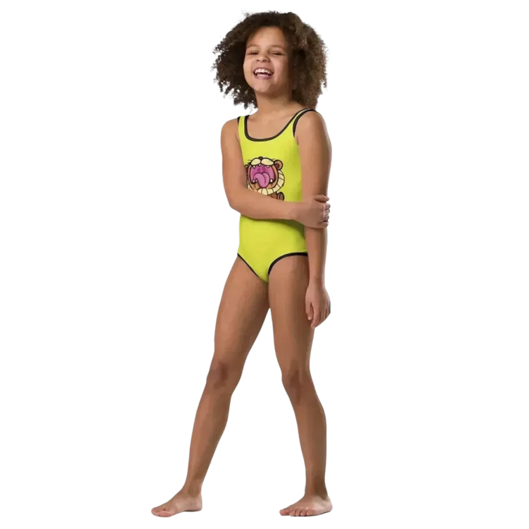 Mädchen Badeanzug mit UV-Schutz in Größe 92-128 cm, pinker Textildruck, von BUYATHOME24, geeignet für den Strand oder Schwimmbad