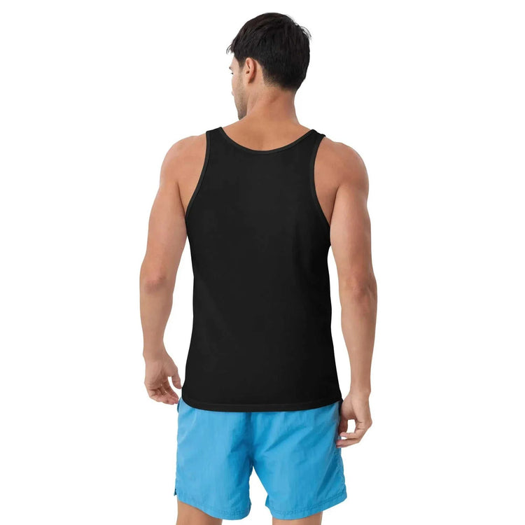 Ärmelloses, sportliches Sommer-Tanktop für Männer in Schwarz, aus Baumwolle, unisex, von BUYATHOME24, Rückenansicht