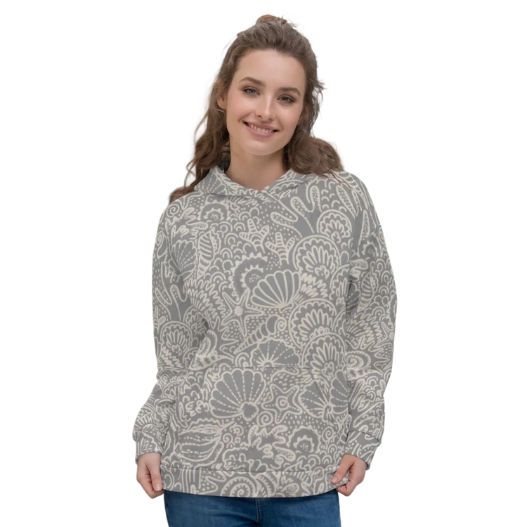 Unisex Hoodie mit Muschelmuster, Allover-Print, Damen Hoodie, in XS bis 3XL, von BUYATHOME24, mit Kapuze und langem Arm