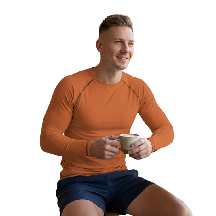 Unisex oranges Sportshirt von BUYATHOME24, langärmelig, Vier-Wege-Stretch, für Fahrrad und Sport, in XS bis 3XL.
