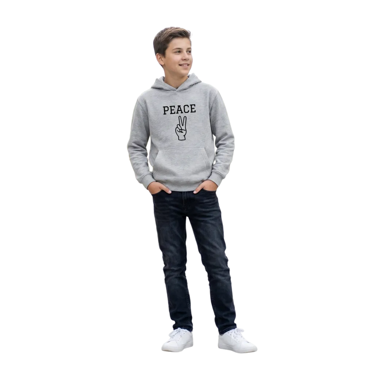 Unisex Kinder Hoodie mit Peace-Zeichen-Grafik aus Baumwolle für 4-12 Jahre, bequem und bedruckbar.