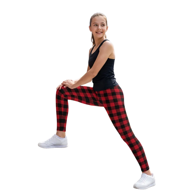 Unisex Kinder-Sportleggings in Rot-Schwarz Karo mit UV-Schutz, Stretch, für Größen 134-170 cm, bequem und atmungsaktiv