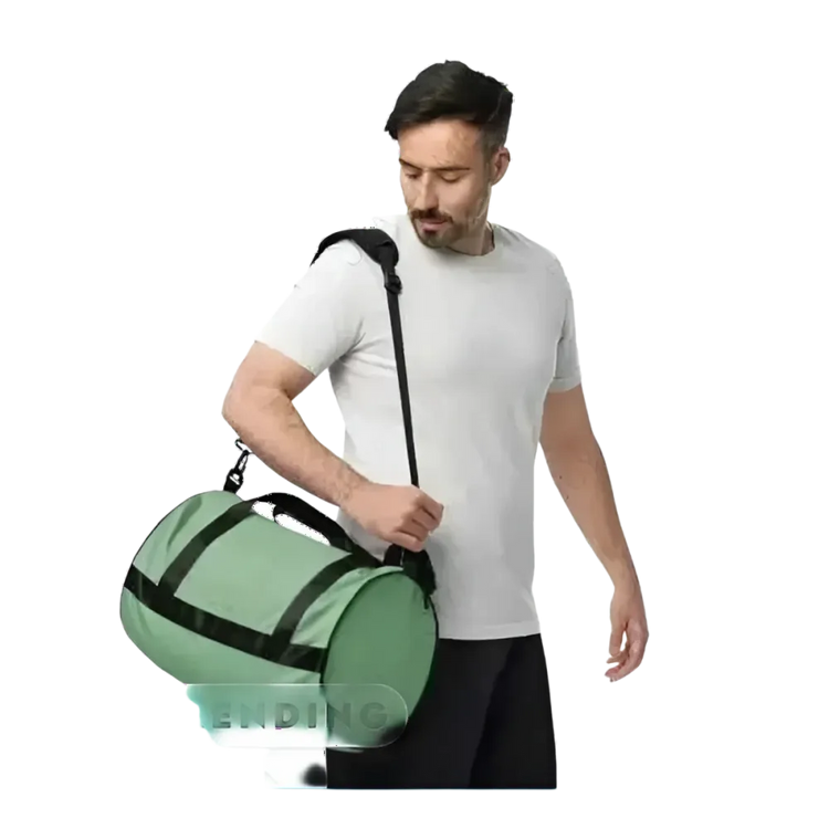 Runde Dufflebag Trainingstasche von BUYATHOME24, Sporttasche für aktive Menschen, robustes Design für Reisen und Training.