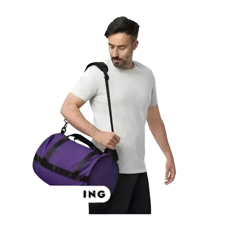 Runde Sport- und Reisetasche von BUYATHOME24, Dufflebag Trainingstasche mit Textildruck für Fitness und Sport.