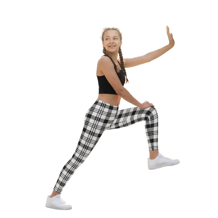 Schwarz-Weiß karierte Kinder-Leggings für Jungen und Mädchen, schnelltrocknend, Unisex, Sportleggings, 134-170 cm.