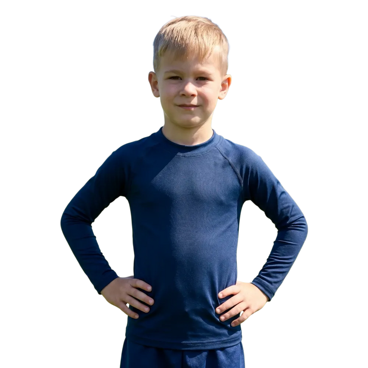 Kinder Langarm-Sportshirt von BUYATHOME24, elastisches Polyester-Shirt in 92-128 cm mit Stretch für aktiven Sport.