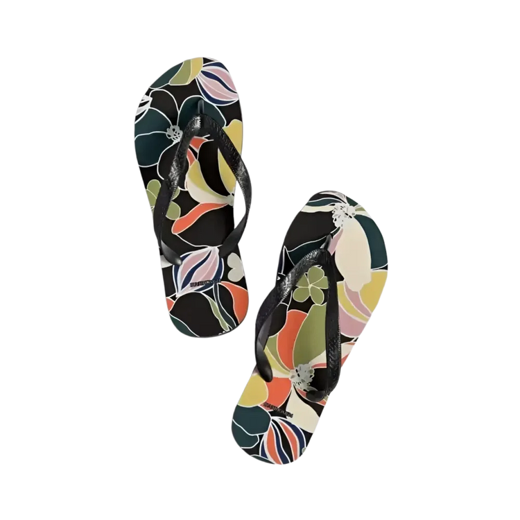 Unisex Strand Flip-Flops von BUYATHOME24 mit Gummisohle und Polyester, Größe 37-45, auf Textildruck-Hintergrund.