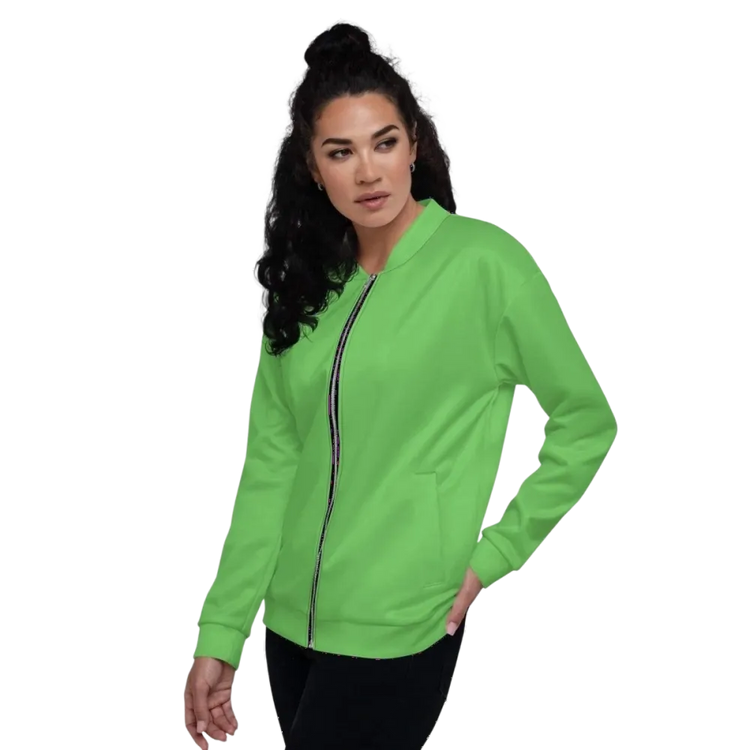 Unisex Bomberjacke aus Polyester mit YKK-Reißverschluss, Damen-Style, in XS bis 3XL, von BUYATHOME24, visuell detailliert.