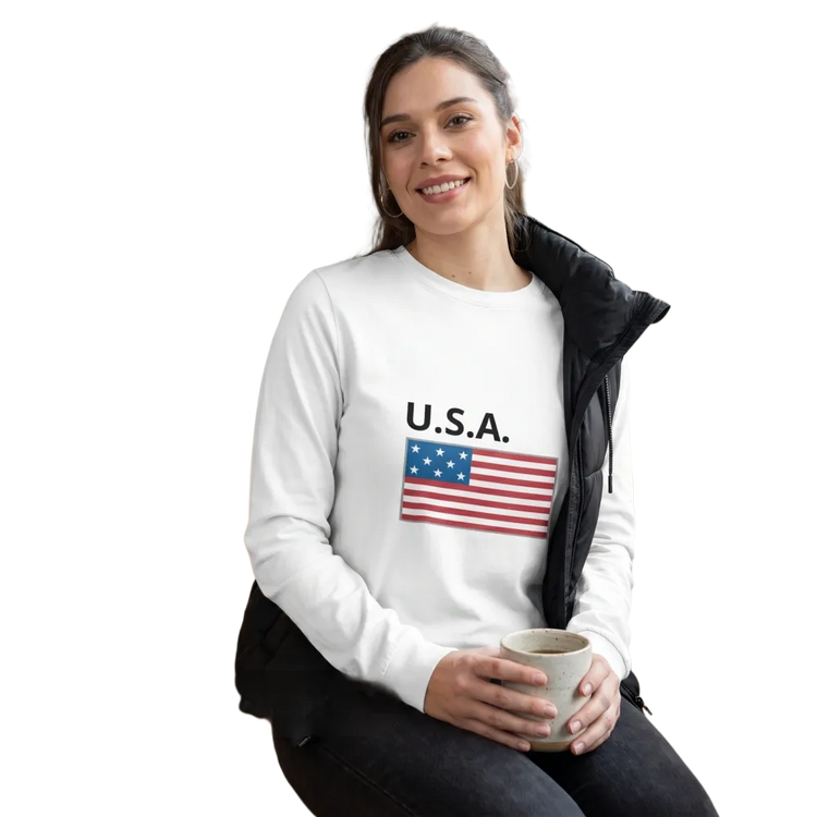 Damen Sweatshirt mit USA-Flagge Grafik aus Baumwolle, langärmlig, in XS bis 2XL, bequemer Schnitt, modischer Look