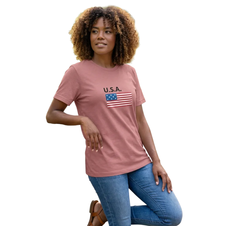 Damen T-Shirt mit USA-Flagge Grafik aus Baumwolle, rundhals, bedruckbar, in S bis 3XL, von BUYATHOME24